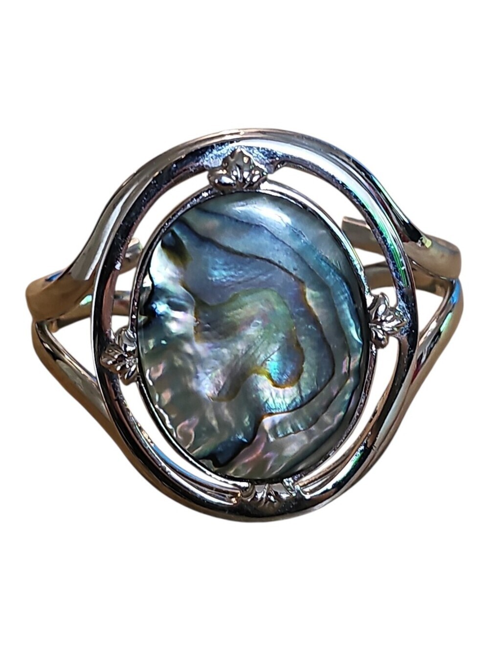 Large Silver Abalone Shell Statement Open Cuff Bracelet - Iridescent Blue Green